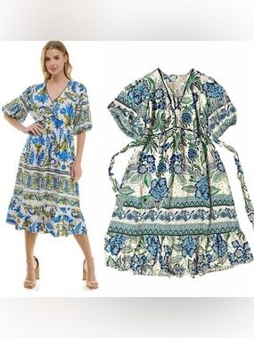 Anthropologie Fig & Flower linen Blend Dress  Floral size Medium Large X-large
